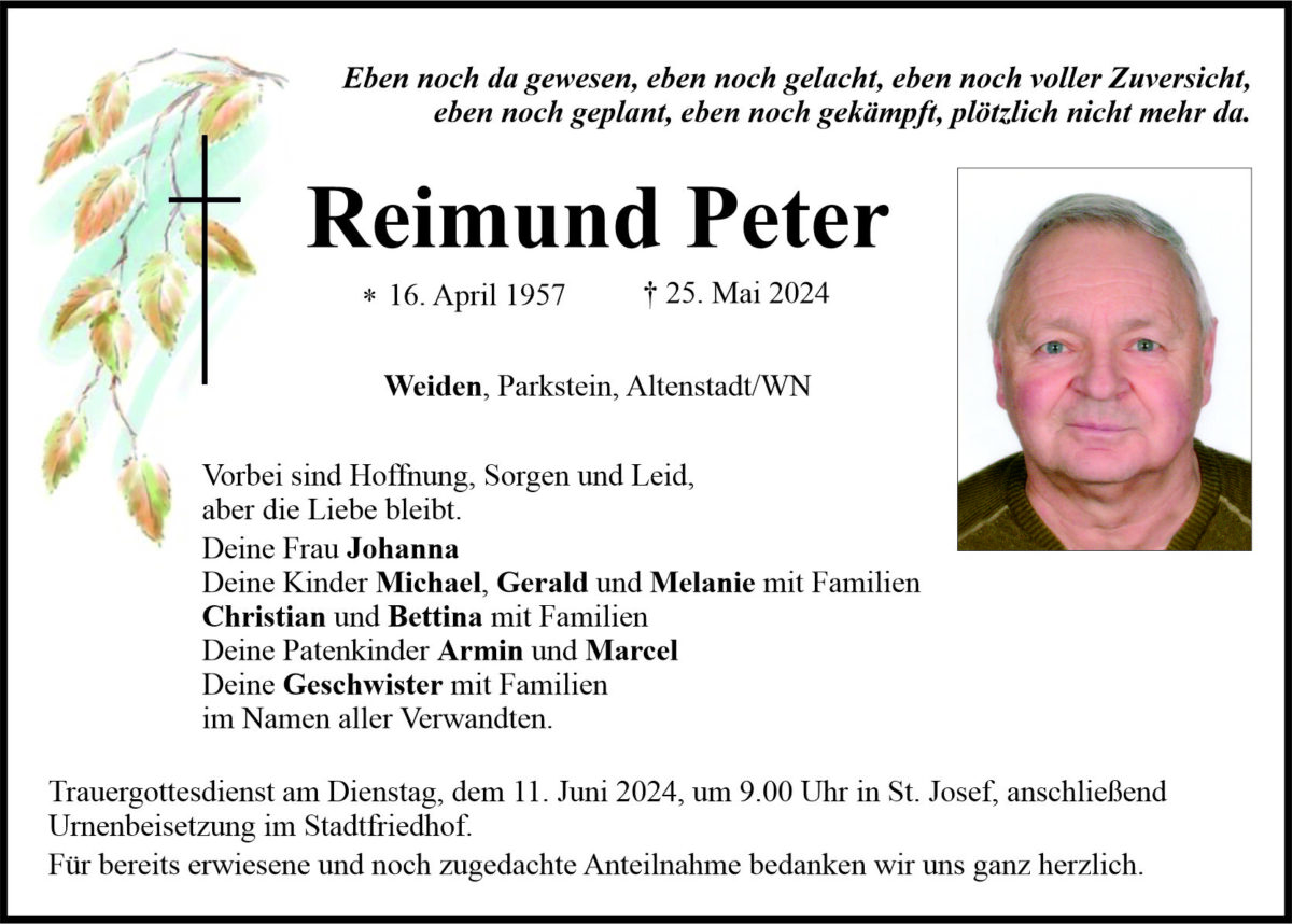 Traueranzeige Peter Reimund, Weiden