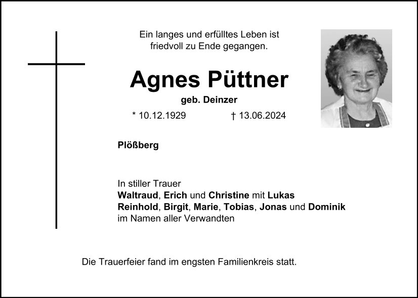 Traueranzeige Agnes Püttner, Plößberg