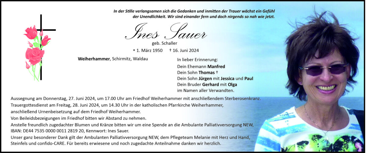 Traueranzeige Ines Sauer, Weiherhammer