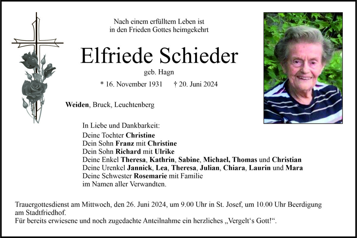 Traueranzeige Elfriede Schieder, Weiden