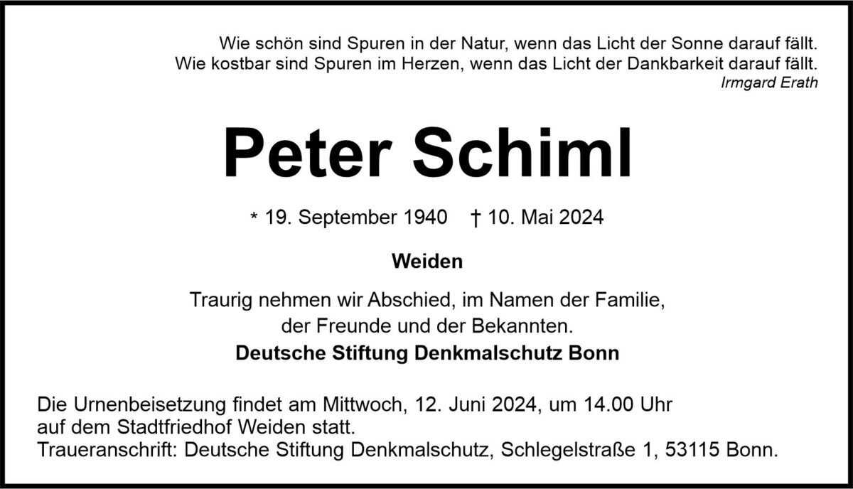 Traueranzeige Peter Schiml, Weiden