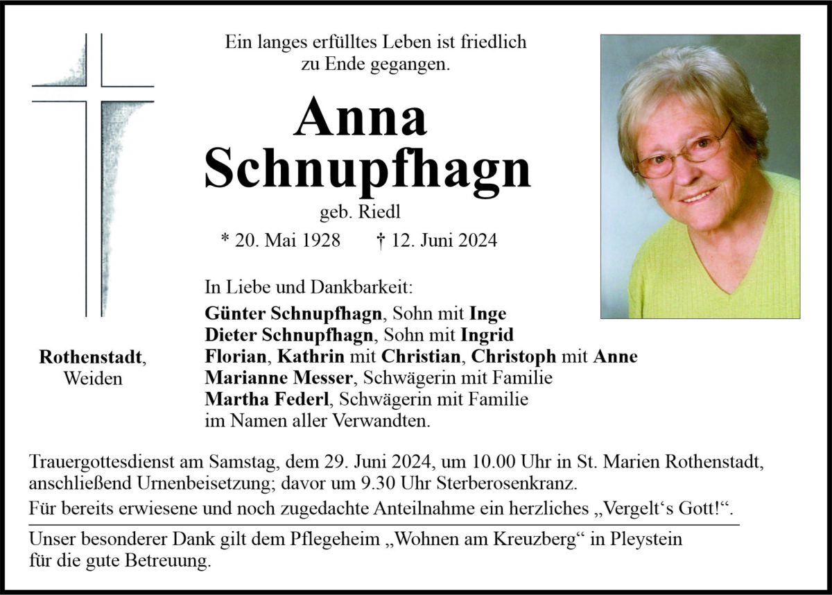 Traueranzeige Anna Schnupfhagn, Rothenstadt