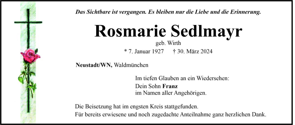 Traueranzeige Rosmarie Sedlmayr, Neustadt/WN