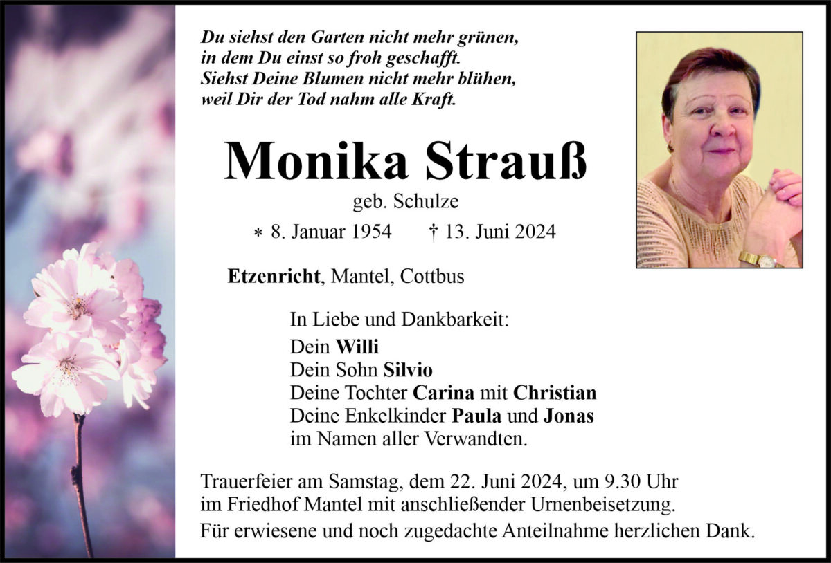 Traueranzeige Monika Strauß, Etzenricht
