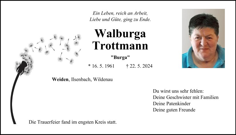 Traueranzeige Walburga Trottmann, Weiden