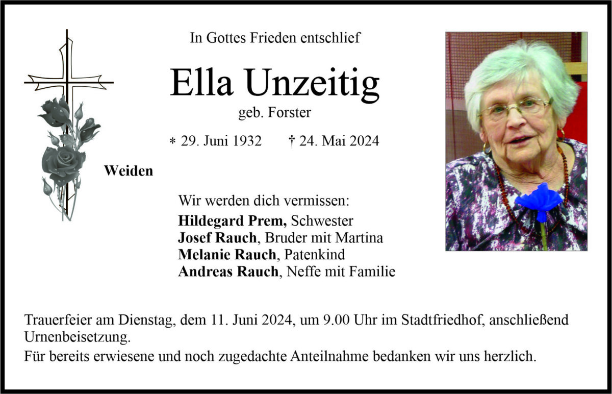 Traueranzeige Ella Unzeitig, Weiden