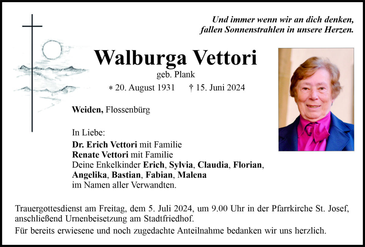 Traueranzeige Walburga Vettori, Weiden