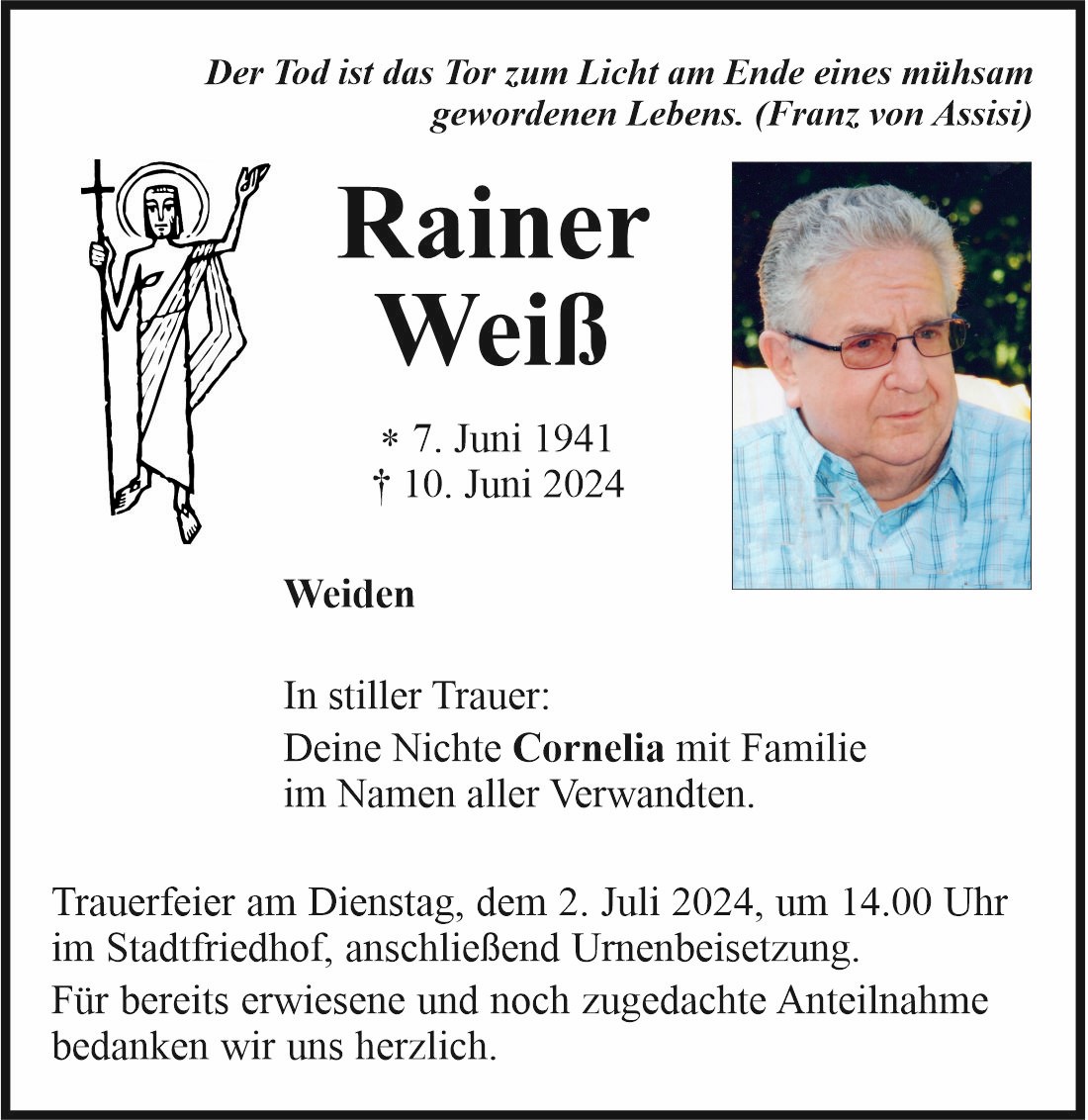 Traueranzeige Rainer Weiß, Weiden