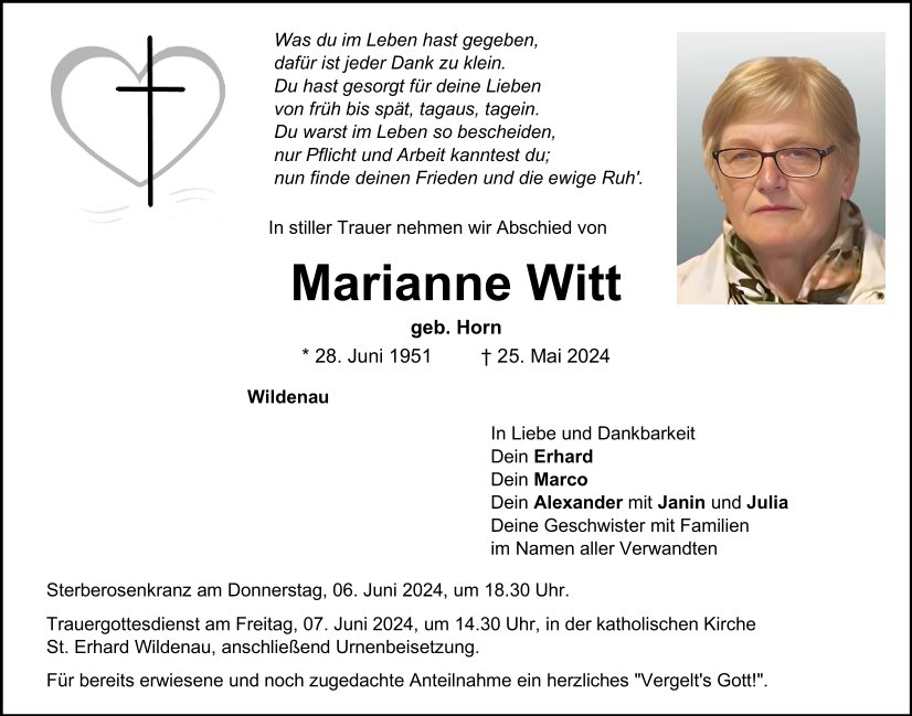 Traueranzeige Marianne Witt, Wildenau