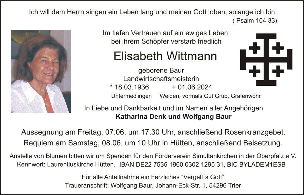 Traueranzeige Elisabeth Wittmann, Untermedlingen