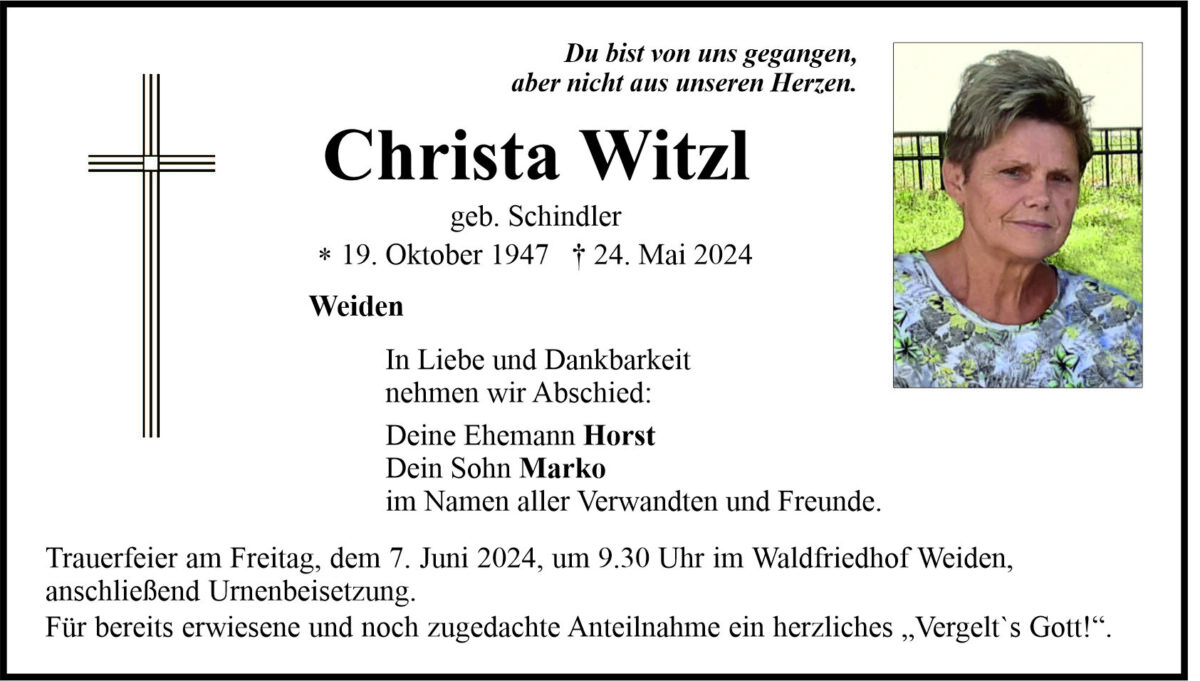 Traueranzeige Christa Witzl, Weiden