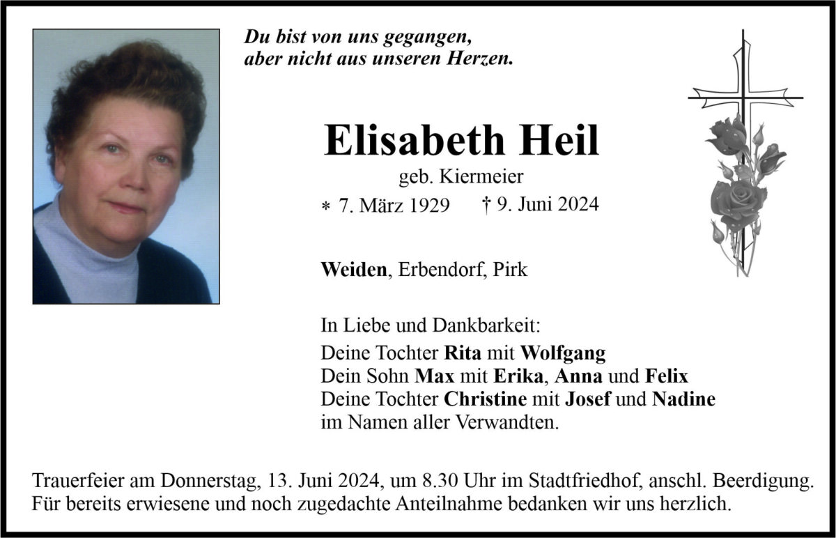 Traueranzeige Elisabeth Heil, Weiden