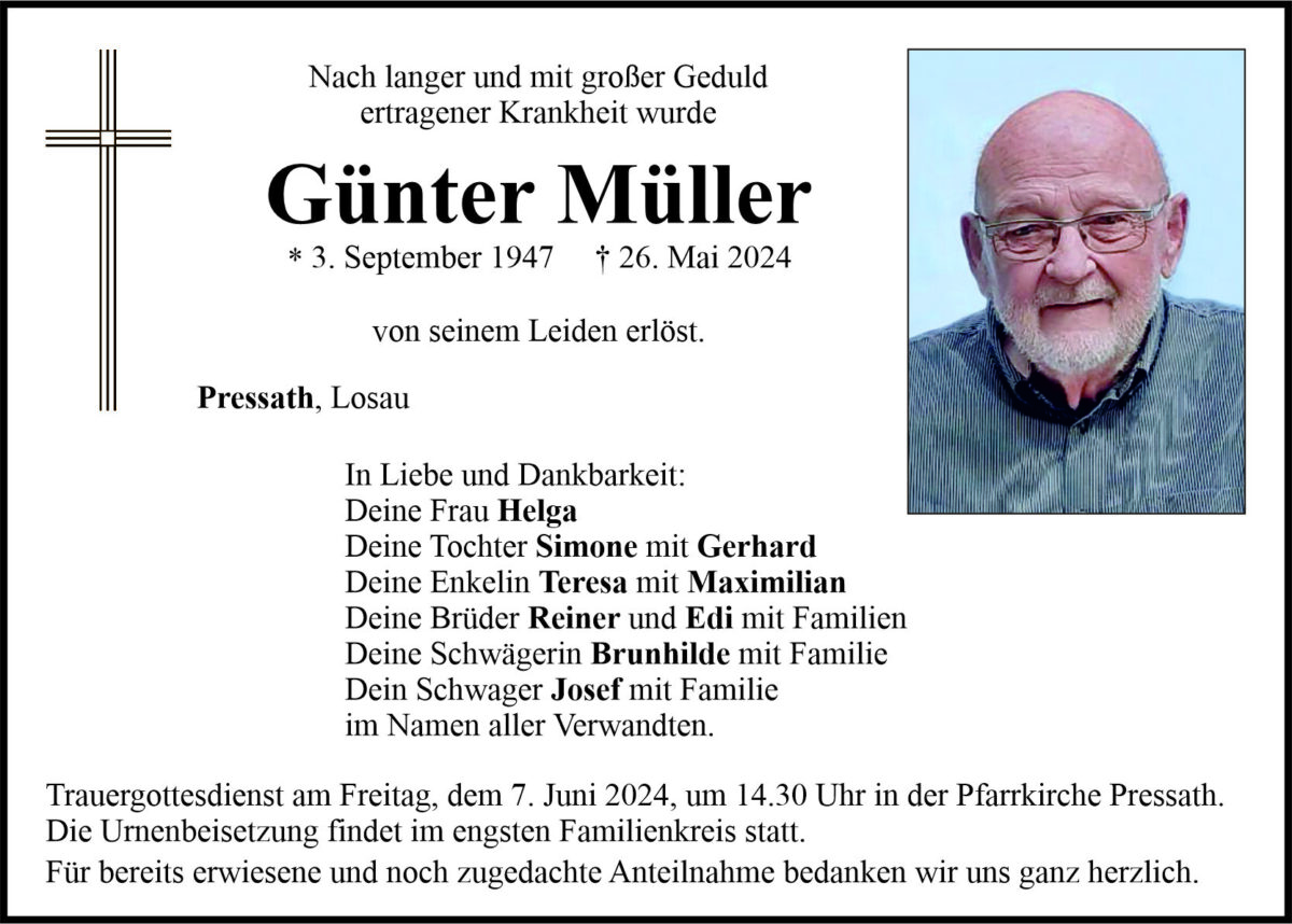 Traueranzeige Günter Müller, Pressath