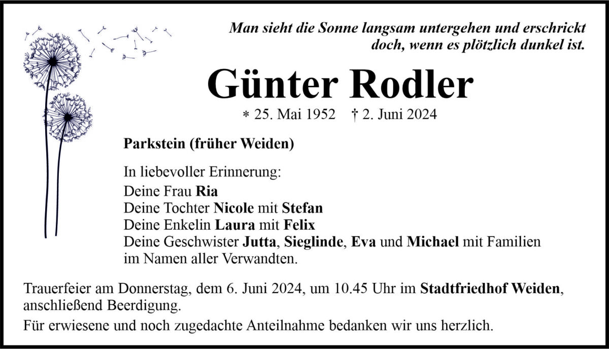Traueranzeige Günter Rodler, Parkstein