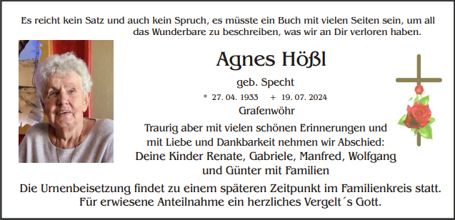 Traueranzeige Agnes Hößl, Grafenwöhr