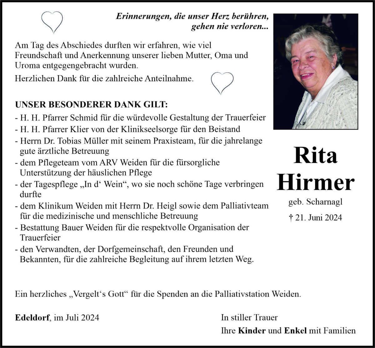 Danksagung Rita Hirmer, Edeldorf