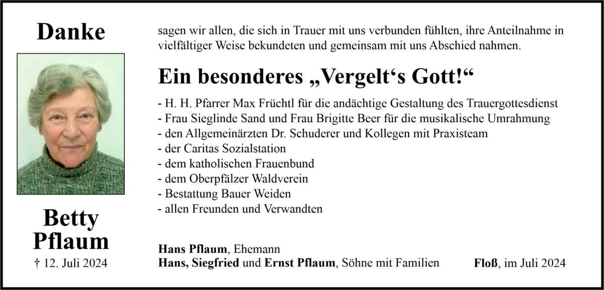 Danksagung Betty Pflaum, Floß