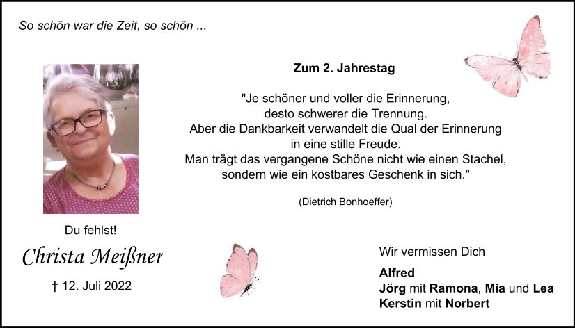 Memoriamsanzeige Christa Meißner