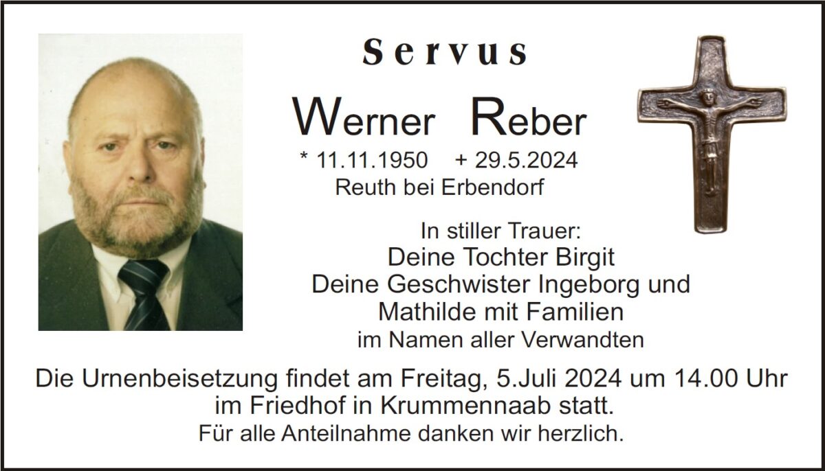 Traueranzeige Werner Reber, Reuth bei Erbendorf