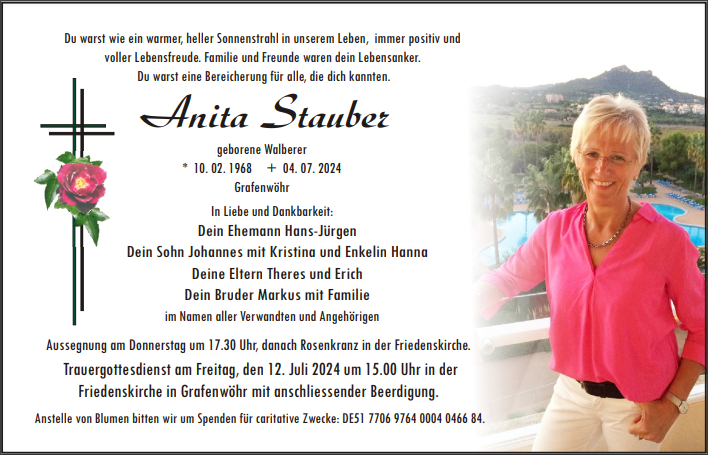 Traueranzeige Anita Stauber, Grafenwöhr