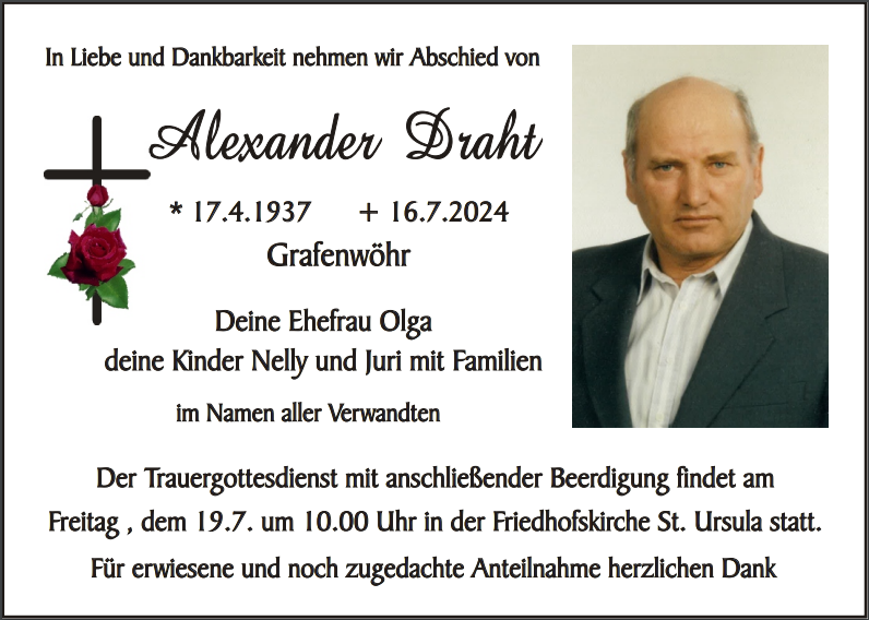 Traueranzeige Alexander Draht, Grafenwöhr