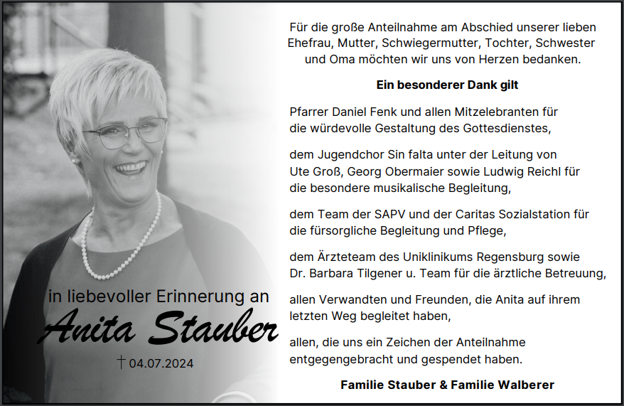 Danksagung Anita Stauber, Grafenwöhr