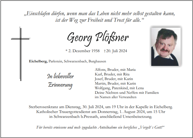 Traueranzeige Georg Plößner, Eichelberg