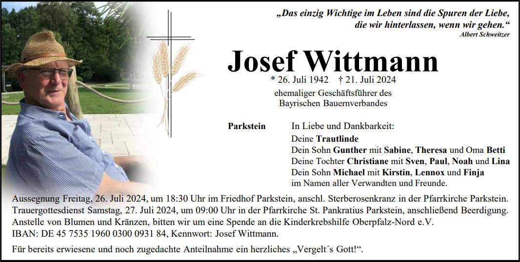 Traueranzeige Josef Wittmann, Parkstein
