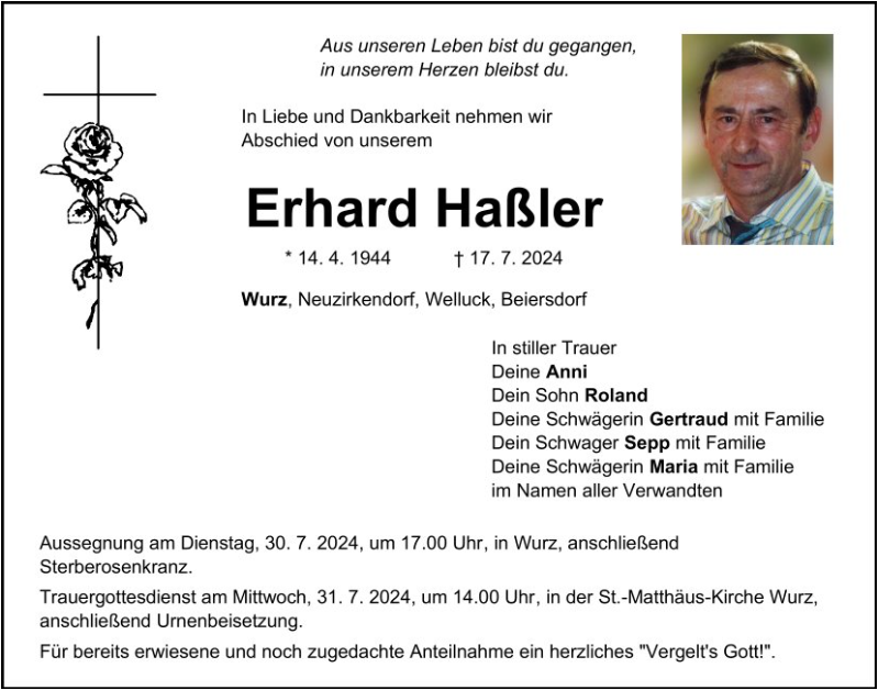 Traueranzeige Erhard Haßler, Wurz