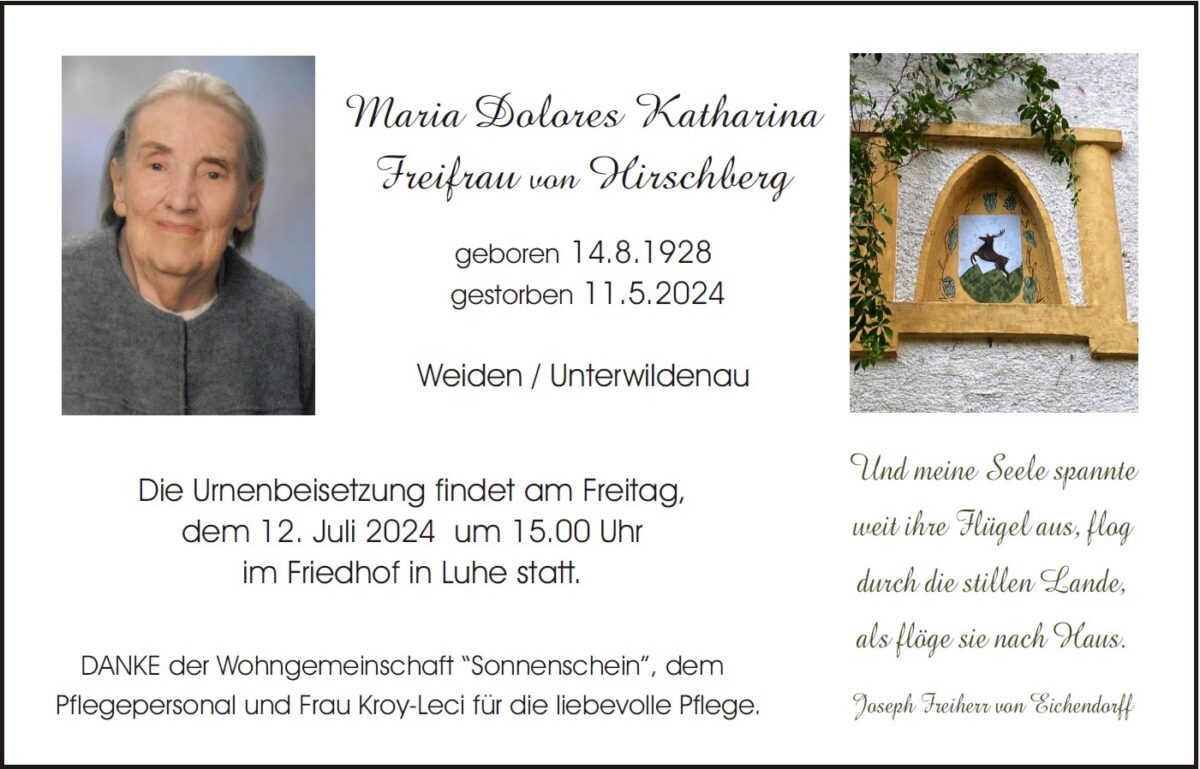 Traueranzeige Maria Dolores Katharina Freifrau von Hirschberg, Weiden
