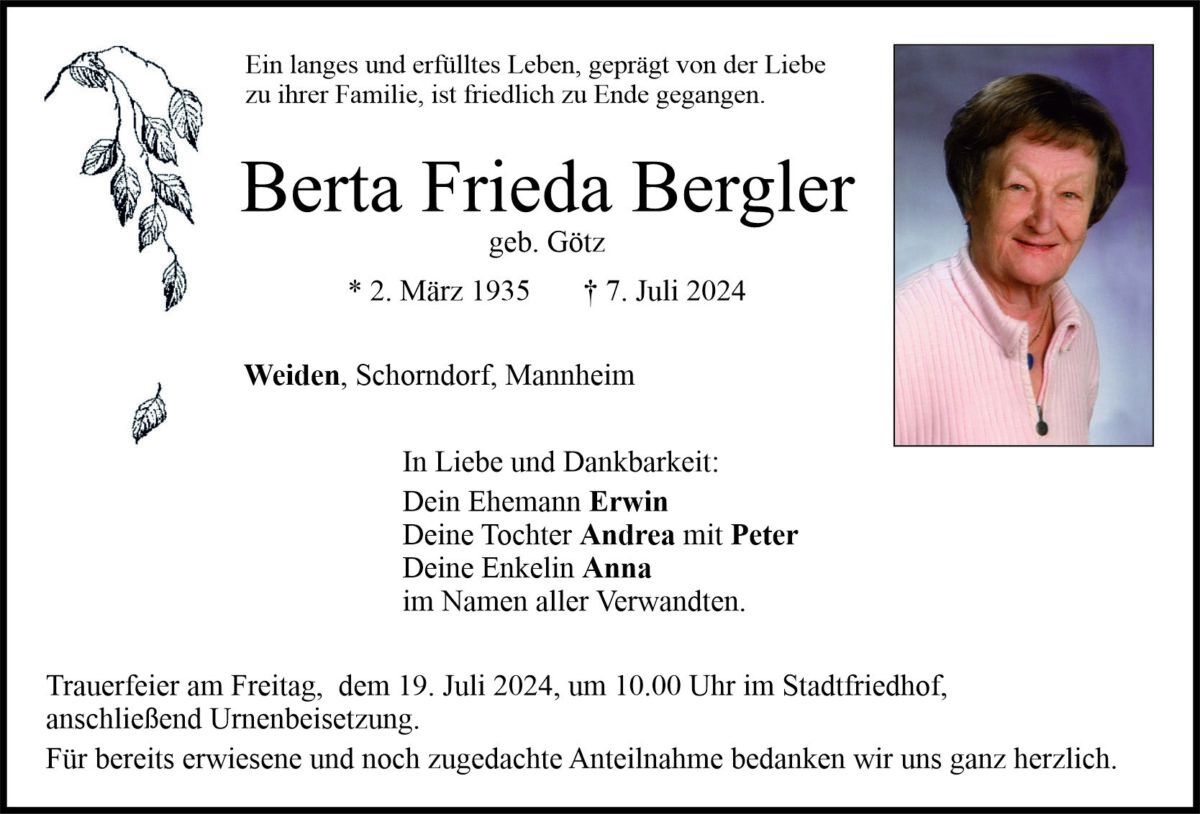 Traueranzeige Berta Frieda Bergler, Weiden