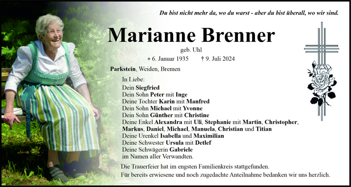 Traueranzeige Marianne Brenner, Parkstein