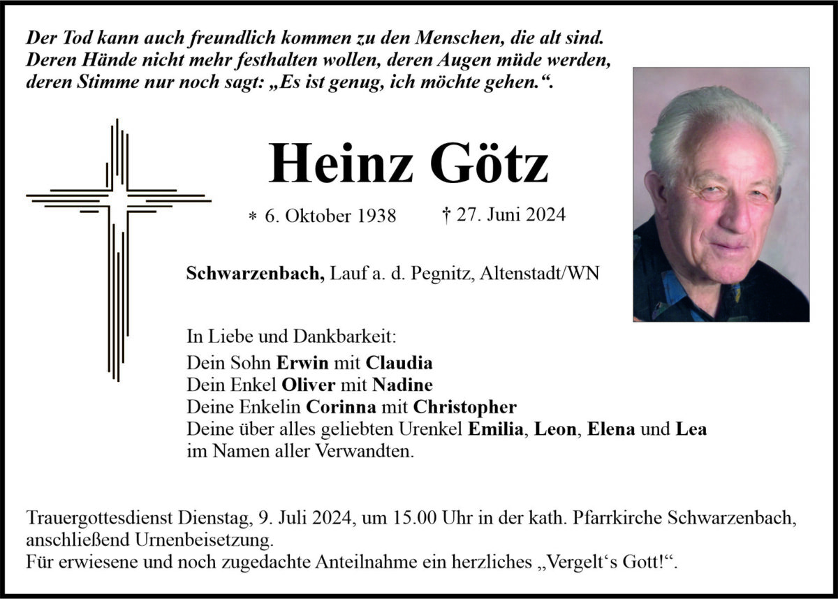 Traueranzeige Heinz Götz, Schwarzenbach