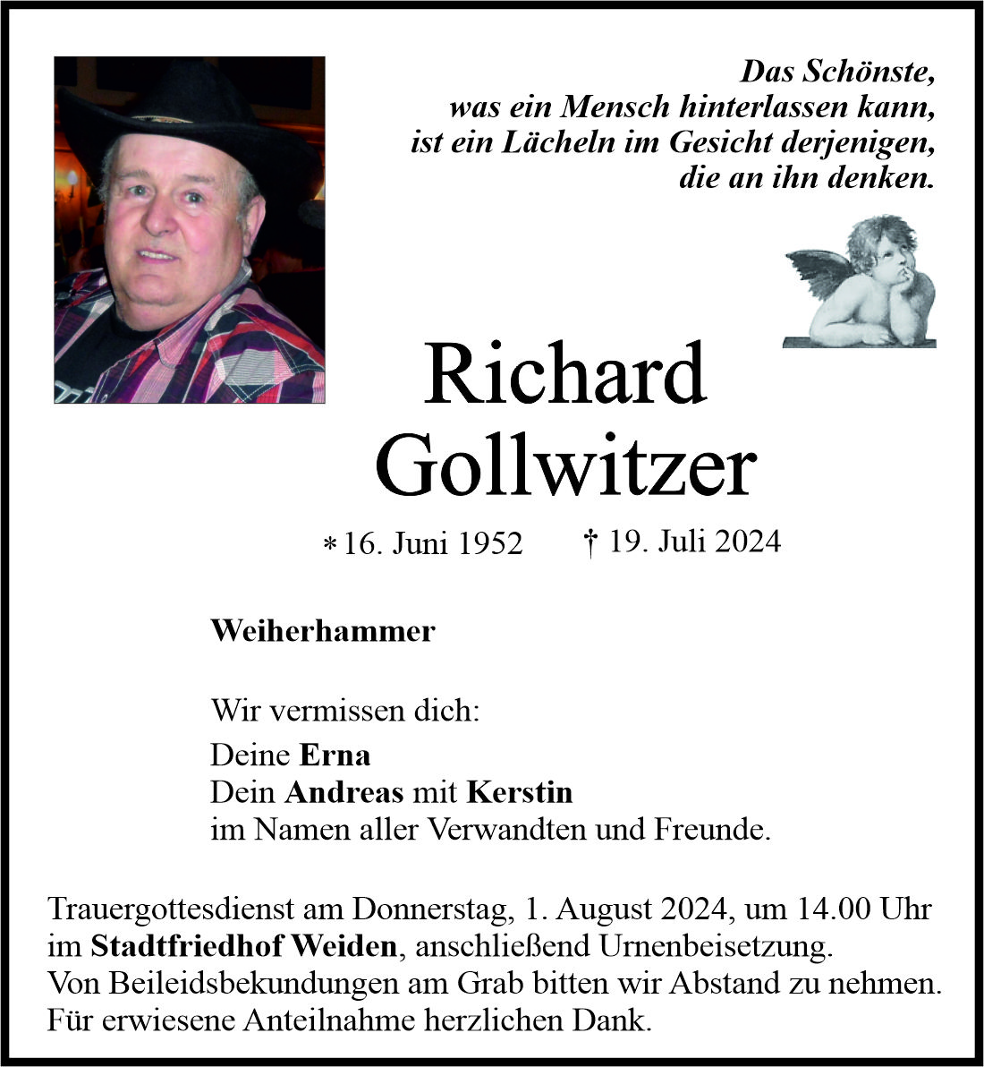 Traueranzeige Richard Gollwitzer, Weiherhammer