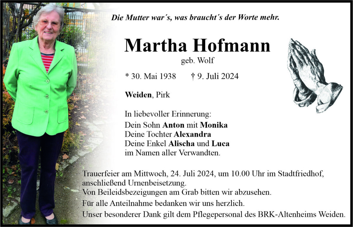 Traueranzeige Martha Hofmann, Weiden