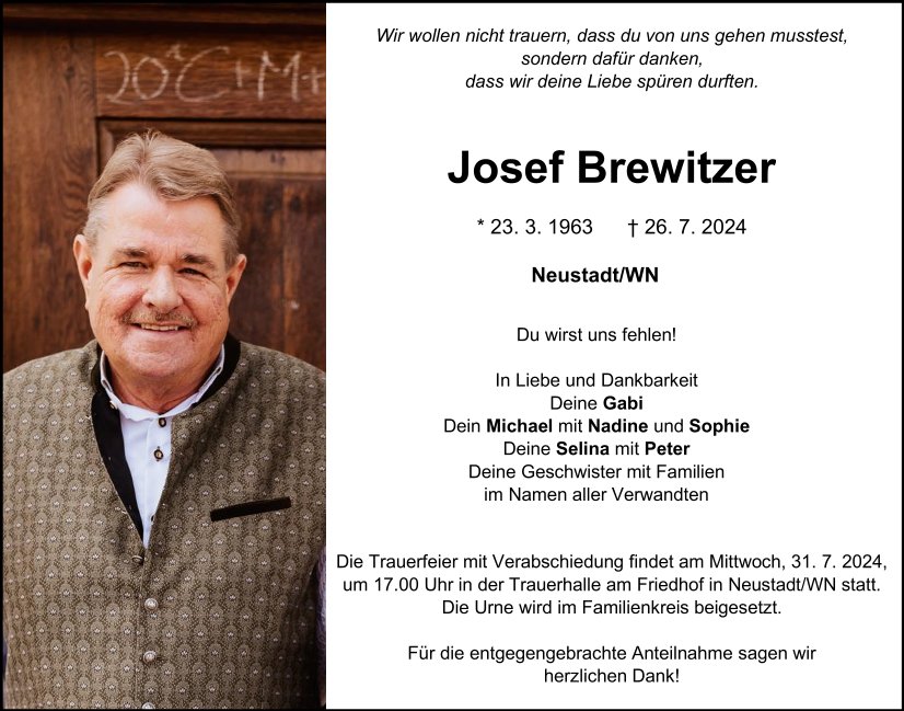 Traueranzeige Josef Brewitzer, Neustadt