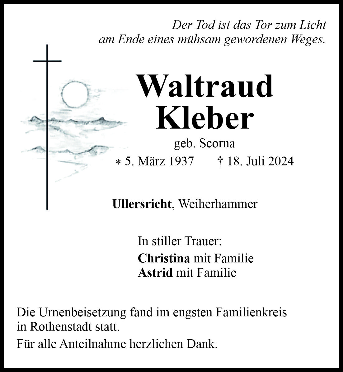 Traueranzeige Waltraud Kleber, Ullersricht