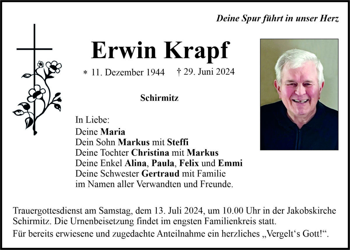 Traueranzeige Erwin Krapf, Schirmitz