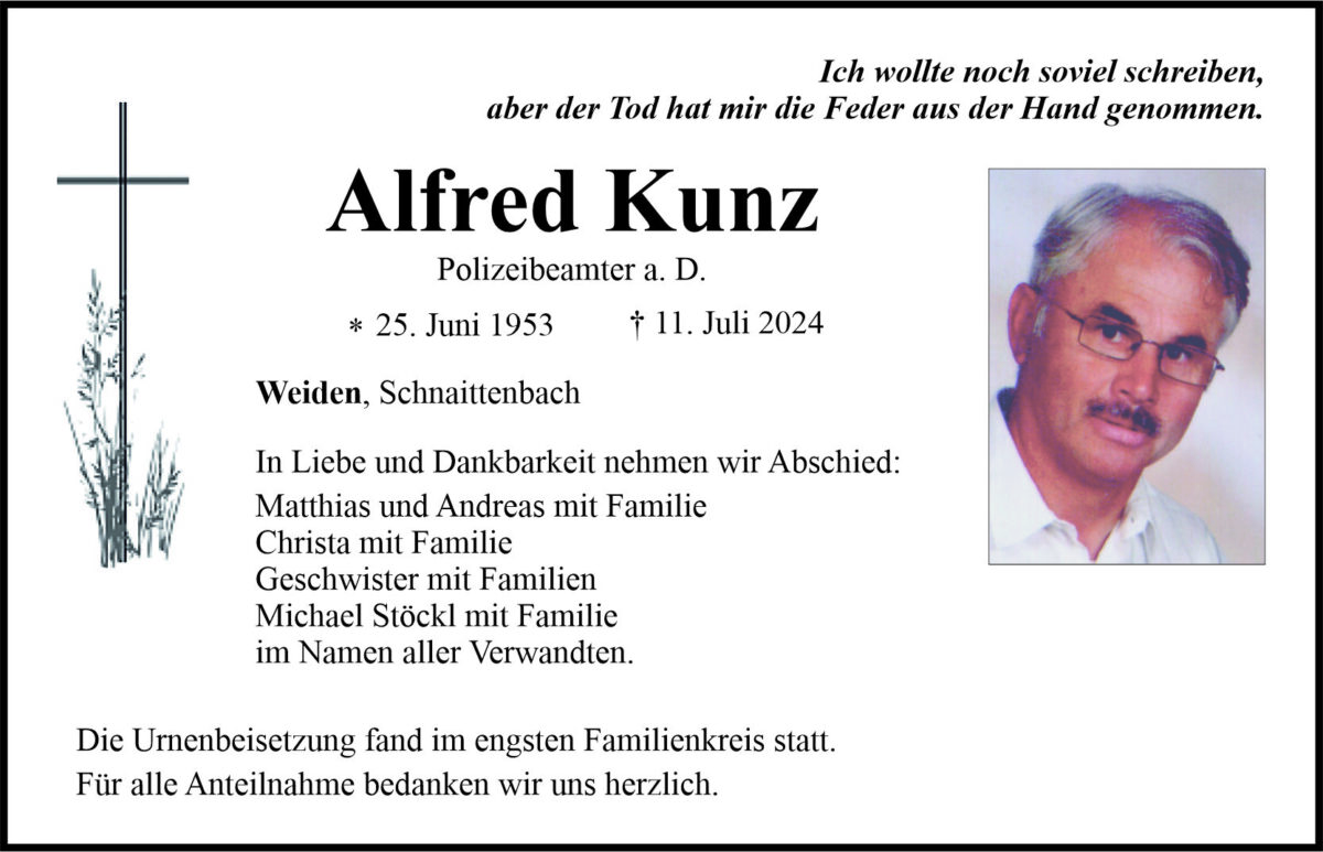 Traueranzeige Alfred Kunz, Weiden