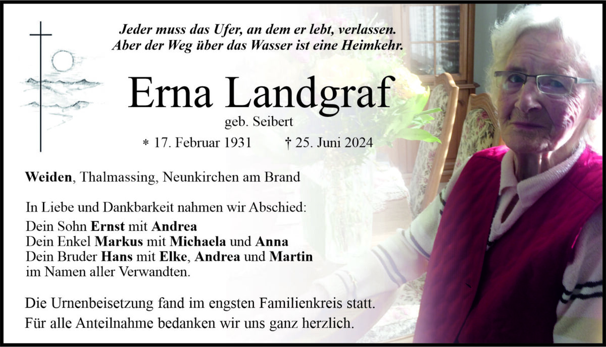 Traueranzeige Erna Landgraf, Weiden