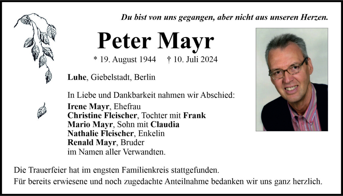 Traueranzeige Peter Mayr, Luhe