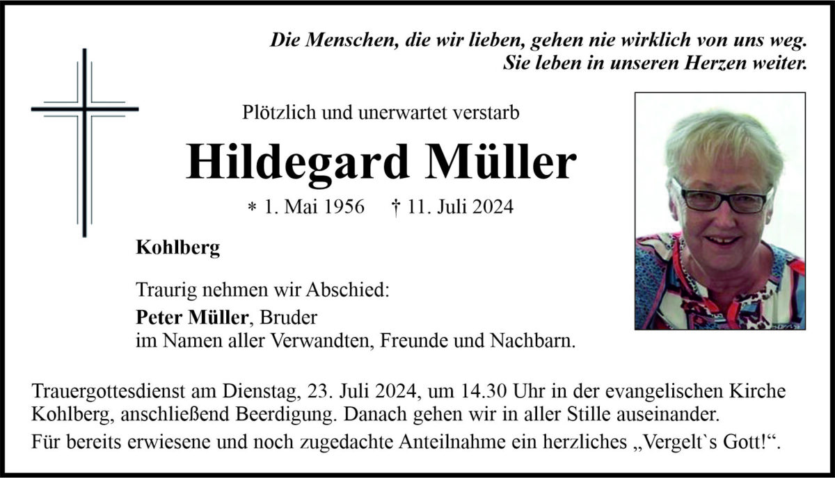 Traueranzeige Hildegard Müller, Kohlberg