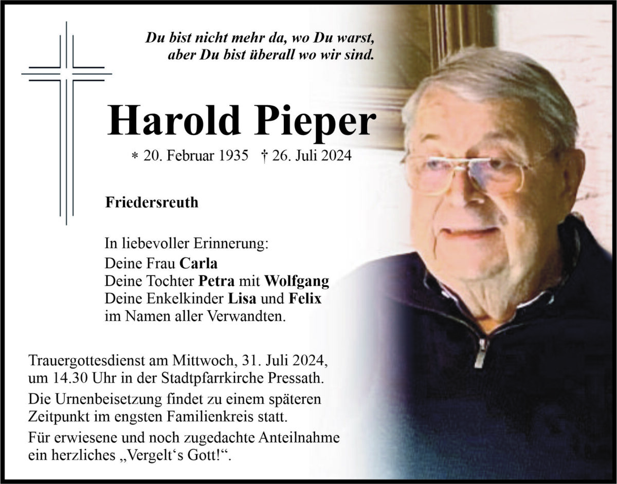 Traueranzeige Harold Pieper, Friedersreuth
