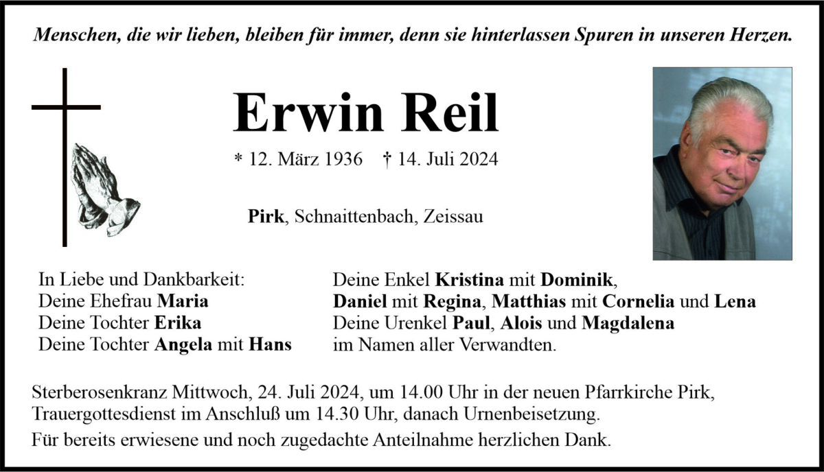 Traueranzeige Erwin Reil, Pirk