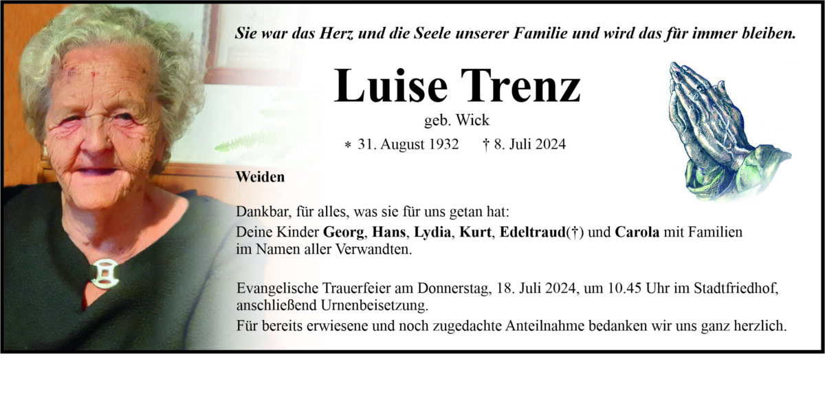 Traueranzeige Luise Trenz, Weiden
