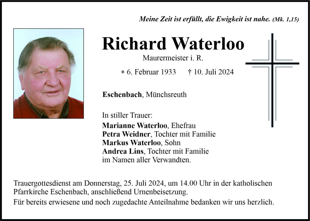 Traueranzeige Richard Waterloo, Eschenbach