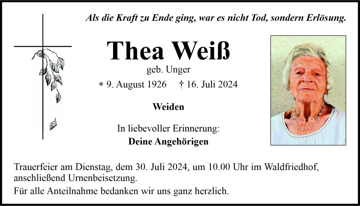 Traueranzeige Thea Weiß, Weiden