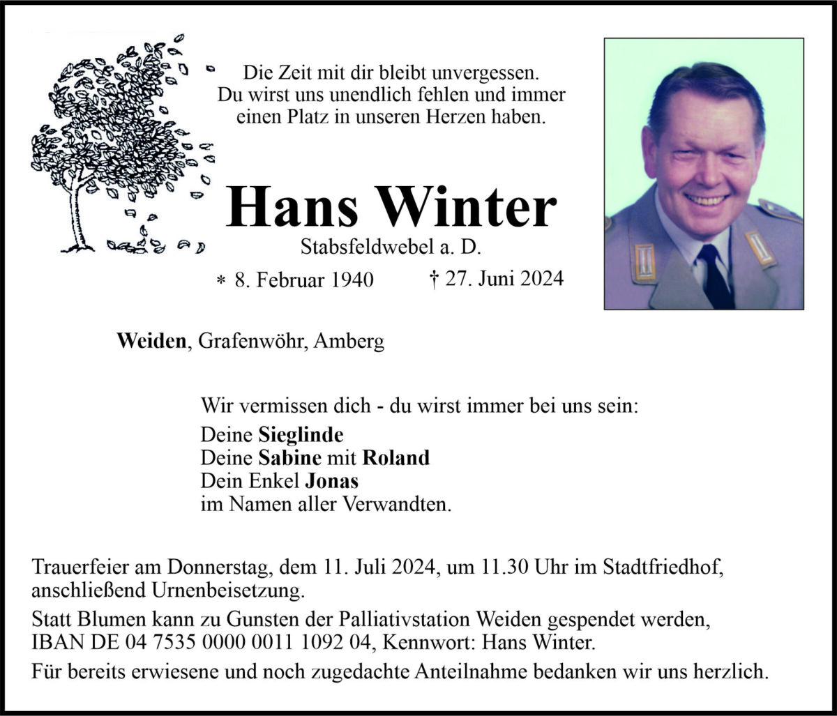 Traueranzeige Hans Winter, Weiden