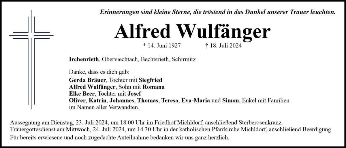Traueranzeige Alfred Wulfänger, Irchenrieth