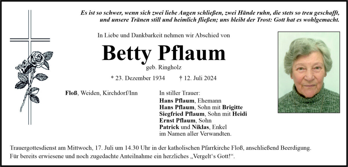 Traueranzeige Betty Pflaum, Floß